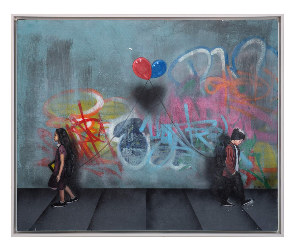 Hijack Static Love: two children walk apart beside a graffiti-covered wall while red and blue balloons float together above them.