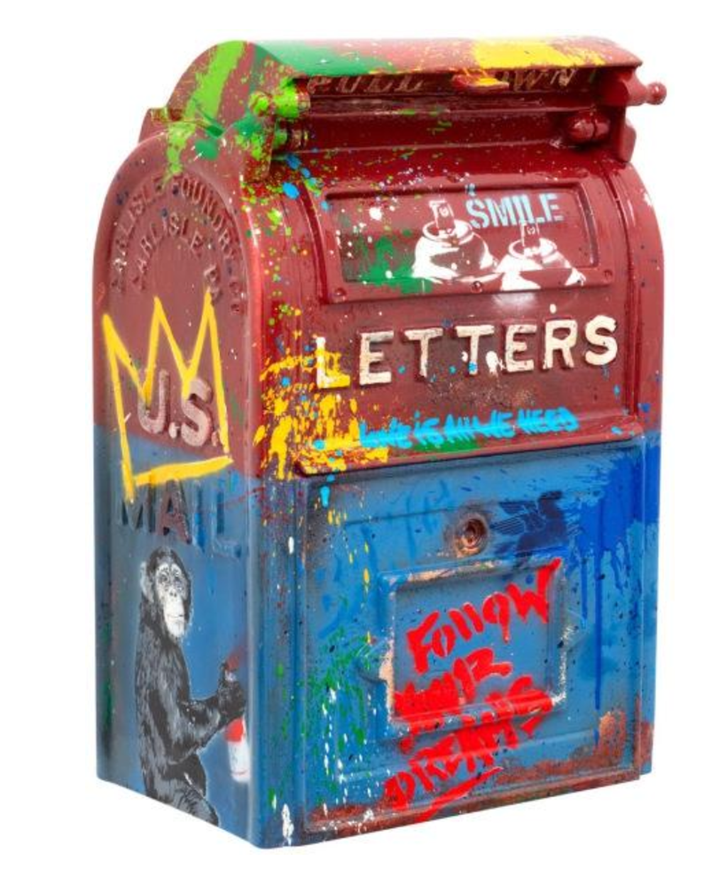 Mr. Brainwash Mailbox: red-and-blue mailbox sculpture with LETTERS text, a yellow crown, stencils, and paint splashes.