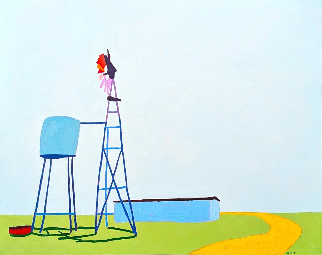 “American Rural, Windmill” Contemporary Colorful Pastoral Landscape Painting by Jacob Spacek