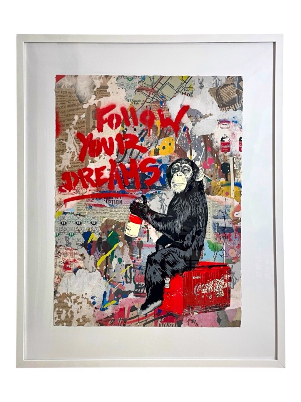 Mr. Brainwash Everyday Life Unique Hand Signed (1/1): chimpanzee on a red crate holding a spray can beneath FOLLOW YOUR DREAMS lettering.
