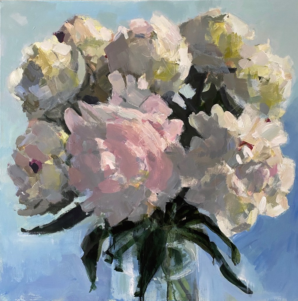An oil painting of a bouquet peonies in a vase by artist Mary Parkman