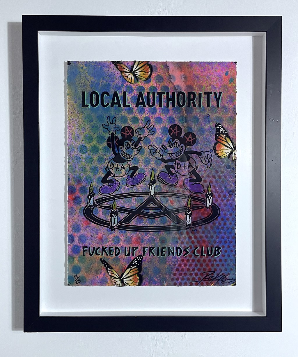 RISK, FUFC: multicolored print with an ornate central crest, lions, and orange butterflies.