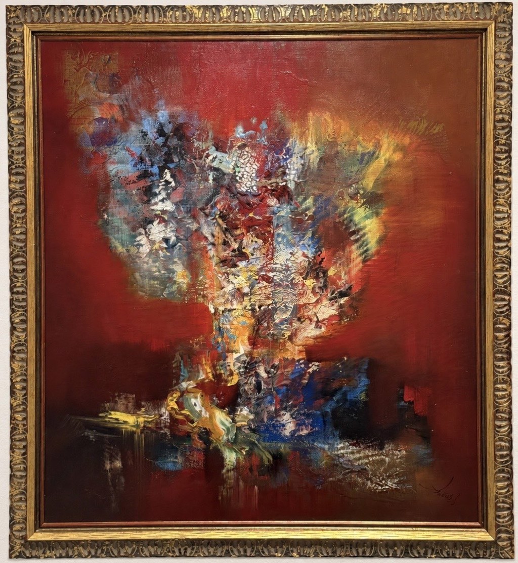 Crimson Heart by Anoush, an abstract oil painting with blue, white and yellow forms on a deep red background in an ornate gold-tone frame.