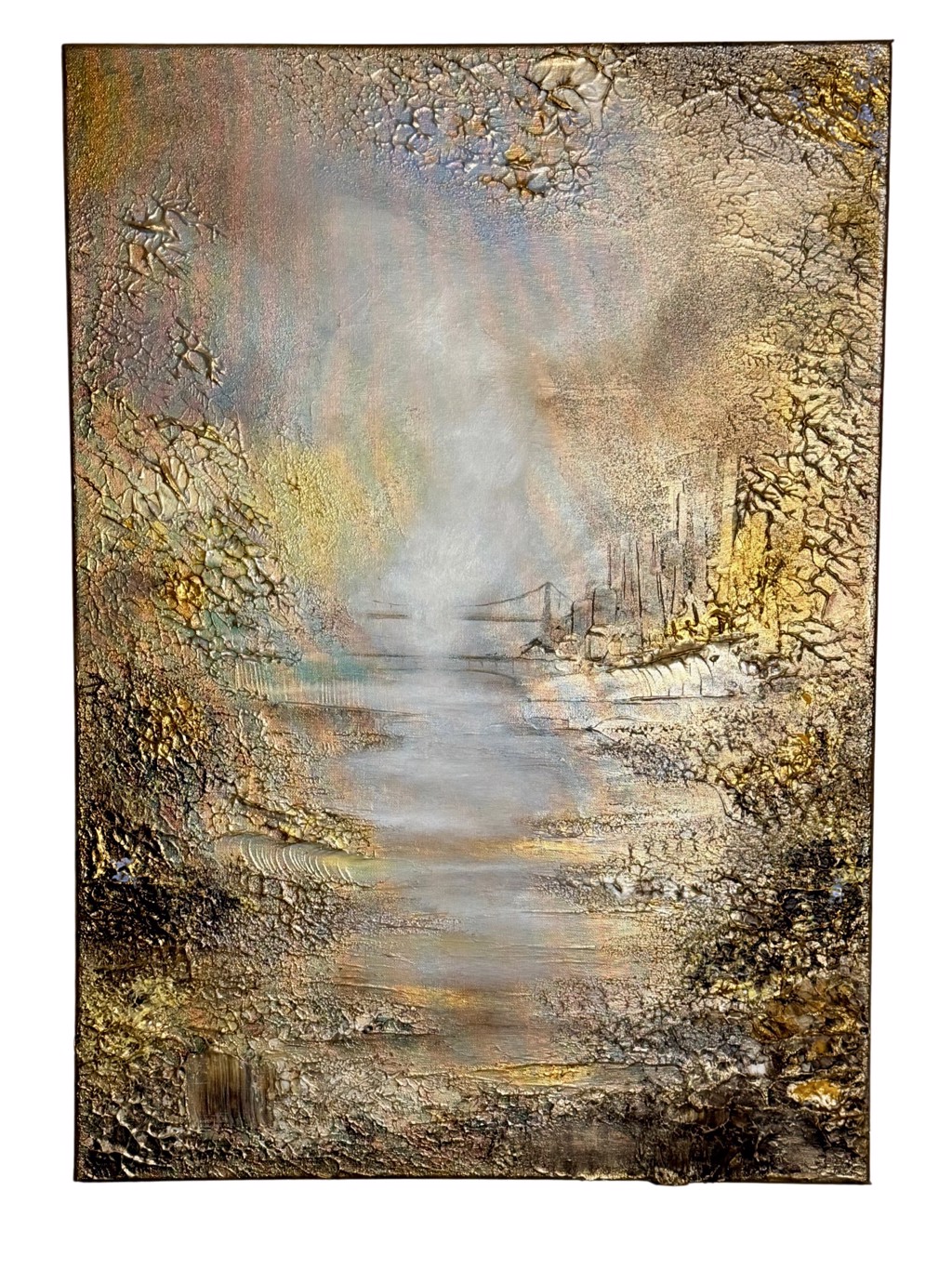 Inga Zurabiani When NY Glowed: Misty pale center with horizontal reflections framed by textured gold and brown forms.