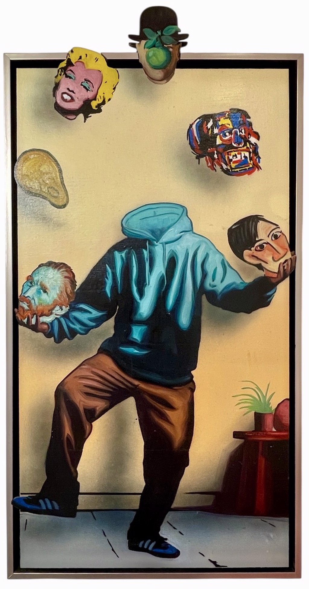 Hijack Identity Shuffle: a headless figure in a turquoise hoodie juggles painted heads, with faces extending above the frame.