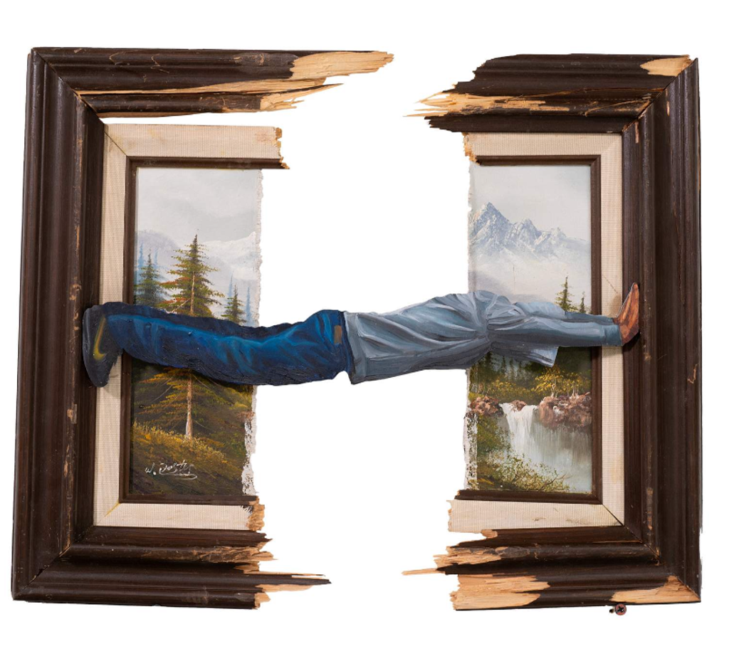 Hijack Hold On: horizontal figure bracing between two broken halves of a framed mountain landscape.