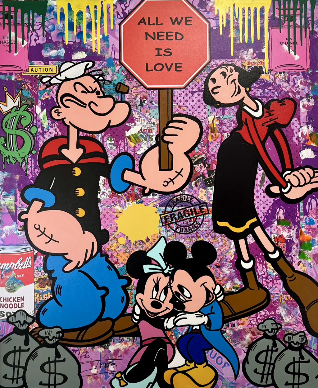 Jozza We Need Love: Popeye and Olive Oyl above Mickey and Minnie, with an “All We Need Is Love” sign and colorful layered graphics.