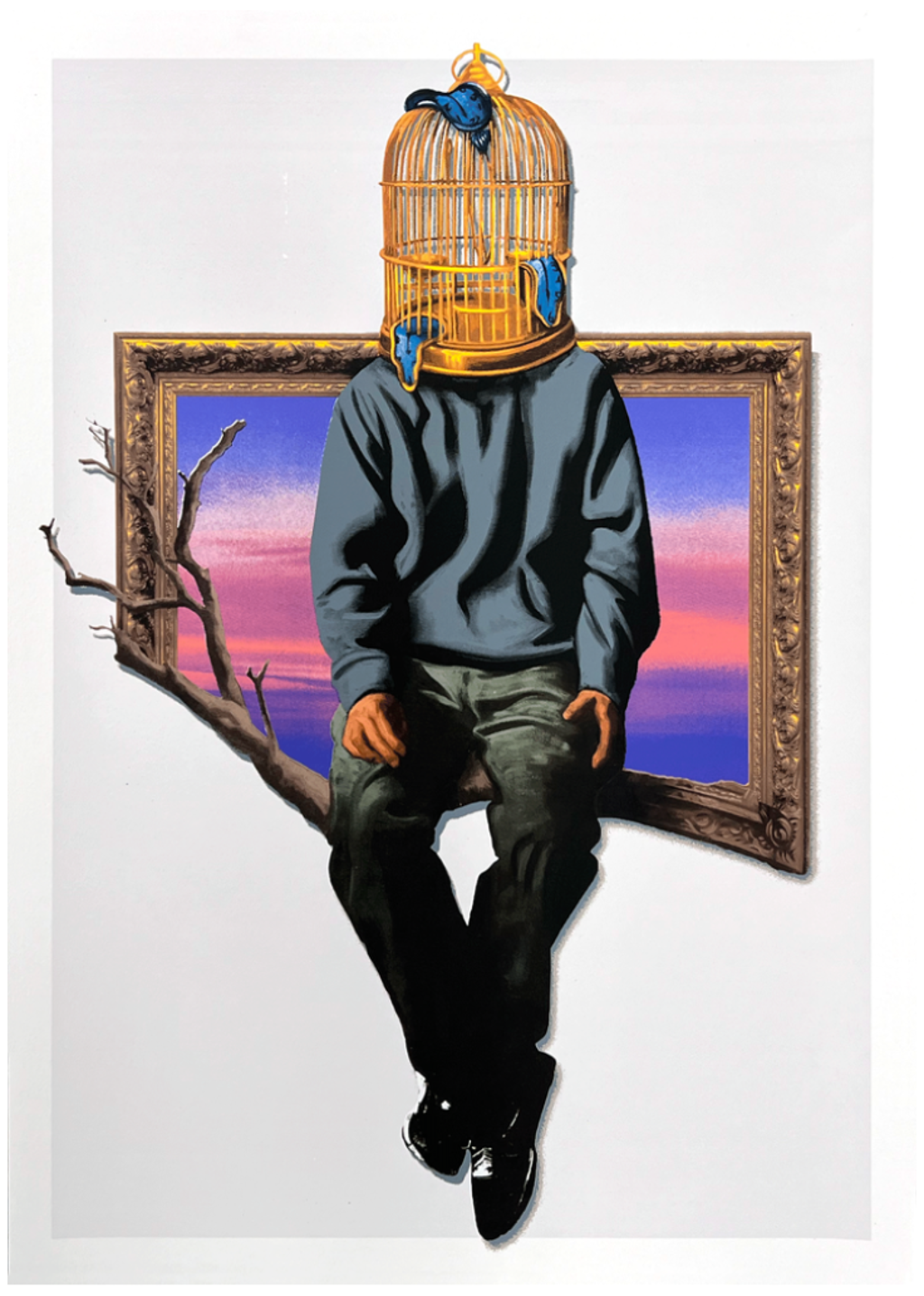 Hijack The Construct (Purple-Edition): Birdcage-headed figure seated on a branch emerging from an ornate frame with a purple-and-pink sky.