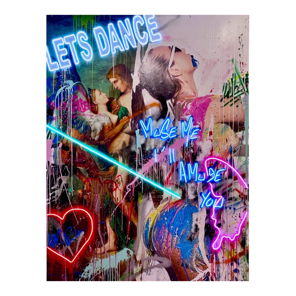 Punk Me Tender Lets Dance: layered figures and paint drips with blue illuminated lettering, a turquoise diagonal line, and pink and red outlines.
