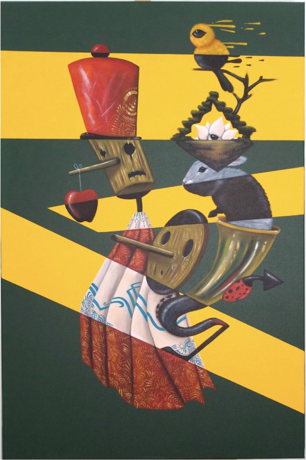 Shahram "Aliz" Alizadeh Liars Madness: surreal long-nosed puppet-like figures, red hat, and yellow bird against green and yellow bands.