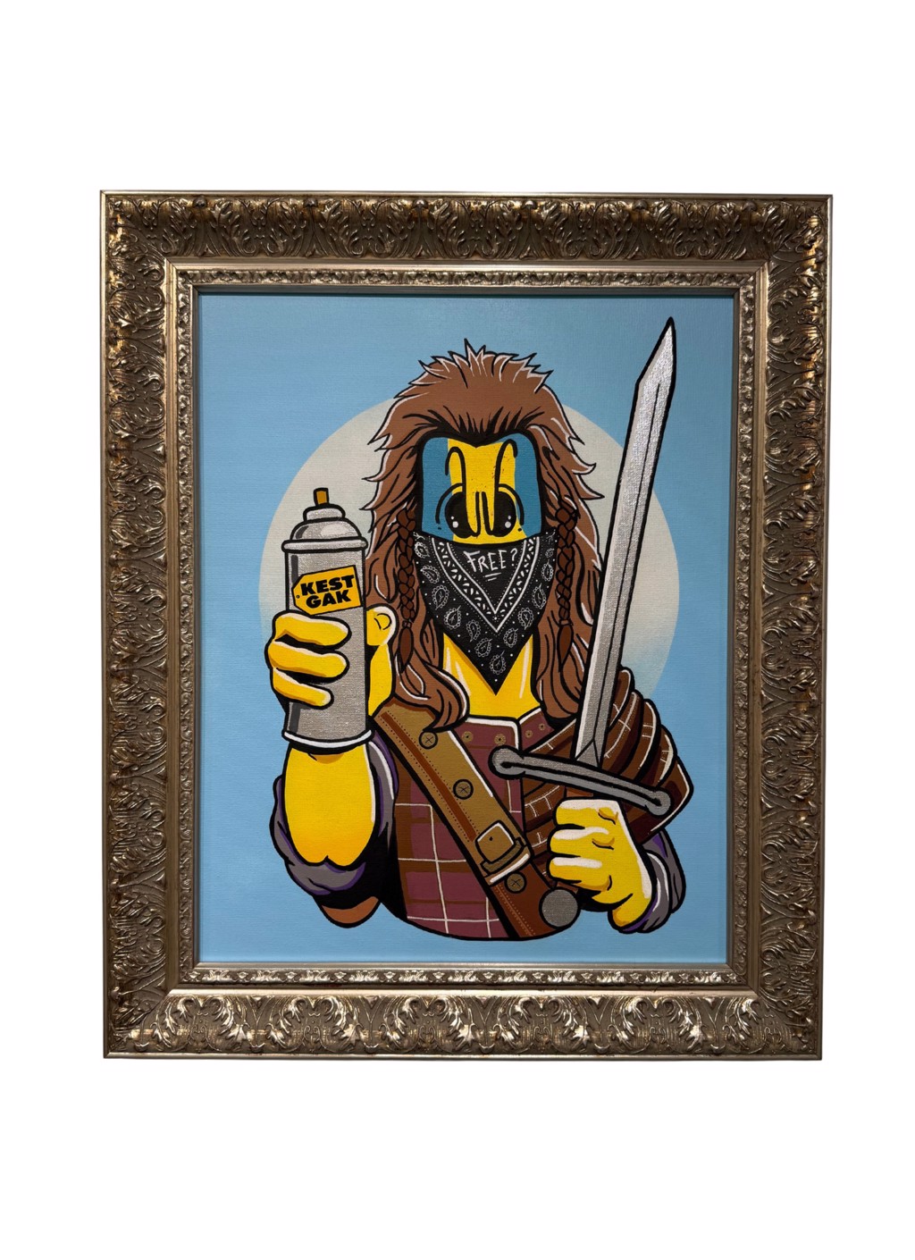 Kest Gak The Graffiti Knight: Bandana-wearing yellow figure holding a spray can and sword against pale blue, shown in an ornate frame.