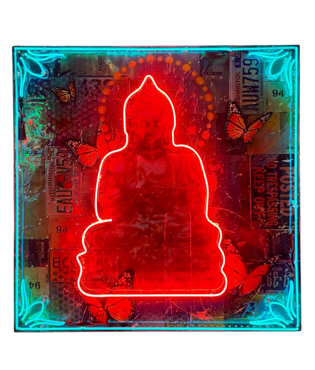RISK Peaceful Buddha: a seated Buddha glows red within a turquoise neon border, surrounded by butterflies, license plates, and road signs.