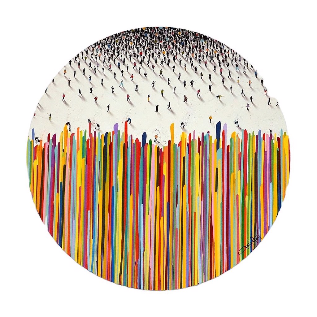 Craig Alan Perspectrum: tiny figures above dense vertical rainbow-colored bands within a circular composition.