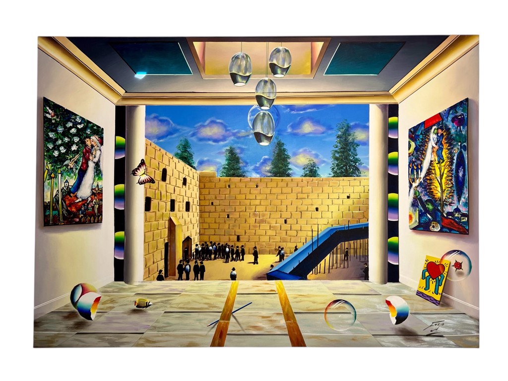 Ferjo The Sacred View: surreal gallery opening onto a stone wall, with floating glass-like forms and colorful spheres.