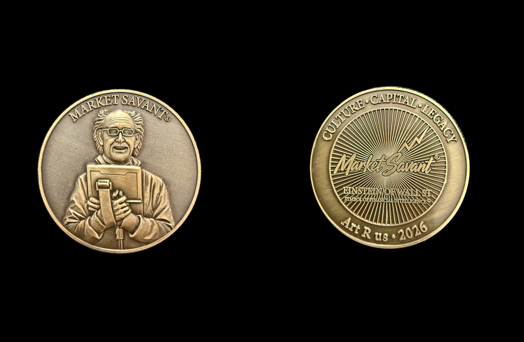 Matthew Snider, MARKET SAVANT™ Commemorative Coin: front and reverse of a brass Market Savant coin showing Peter Tuchman’s portrait and commemorative lettering.