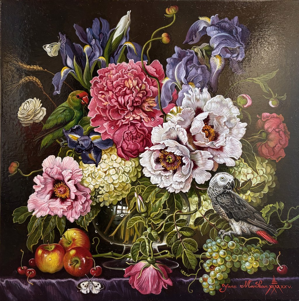 花瓶2個 ayanechann Floral with Two Parrots by Yana Movchan | Lily Pad Galleries