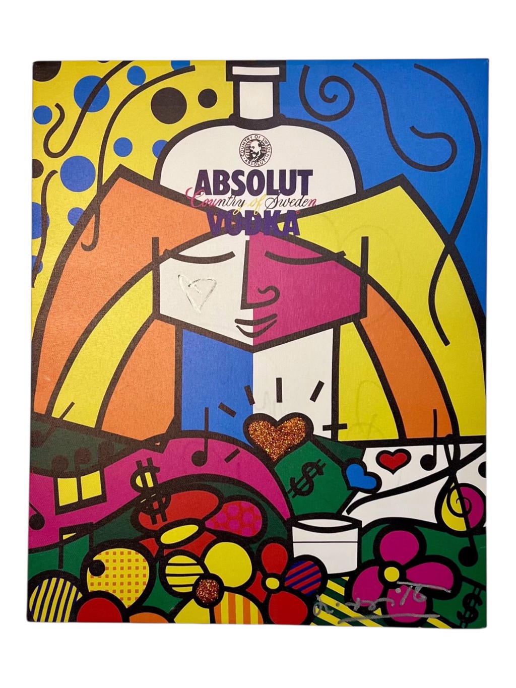BRITTO Absolut Britto: Stylized hands around an Absolut bottle above bright flowers and bold geometric patterns.
