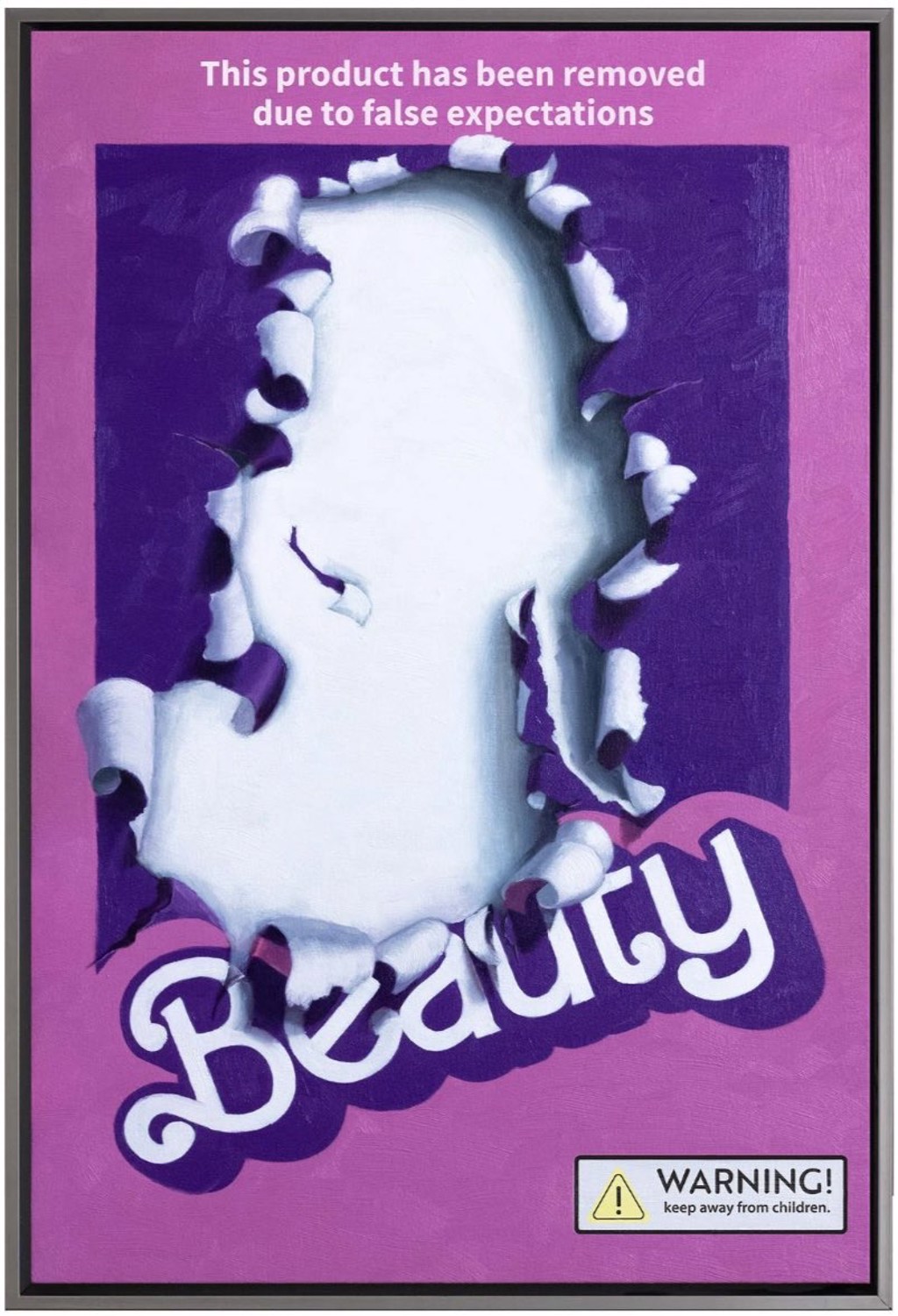 Hijack Beauty Standards: pink-and-purple package design with a torn white figure-shaped opening, curled edges, and Beauty lettering.