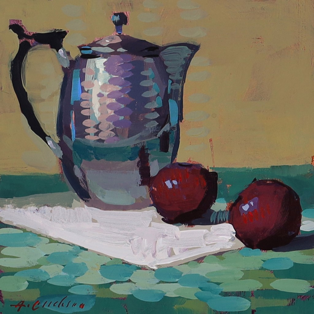 Still Life with Silver Coffeepot and Two Plums by Aimee Erickson, PAPA, OPA, AIS