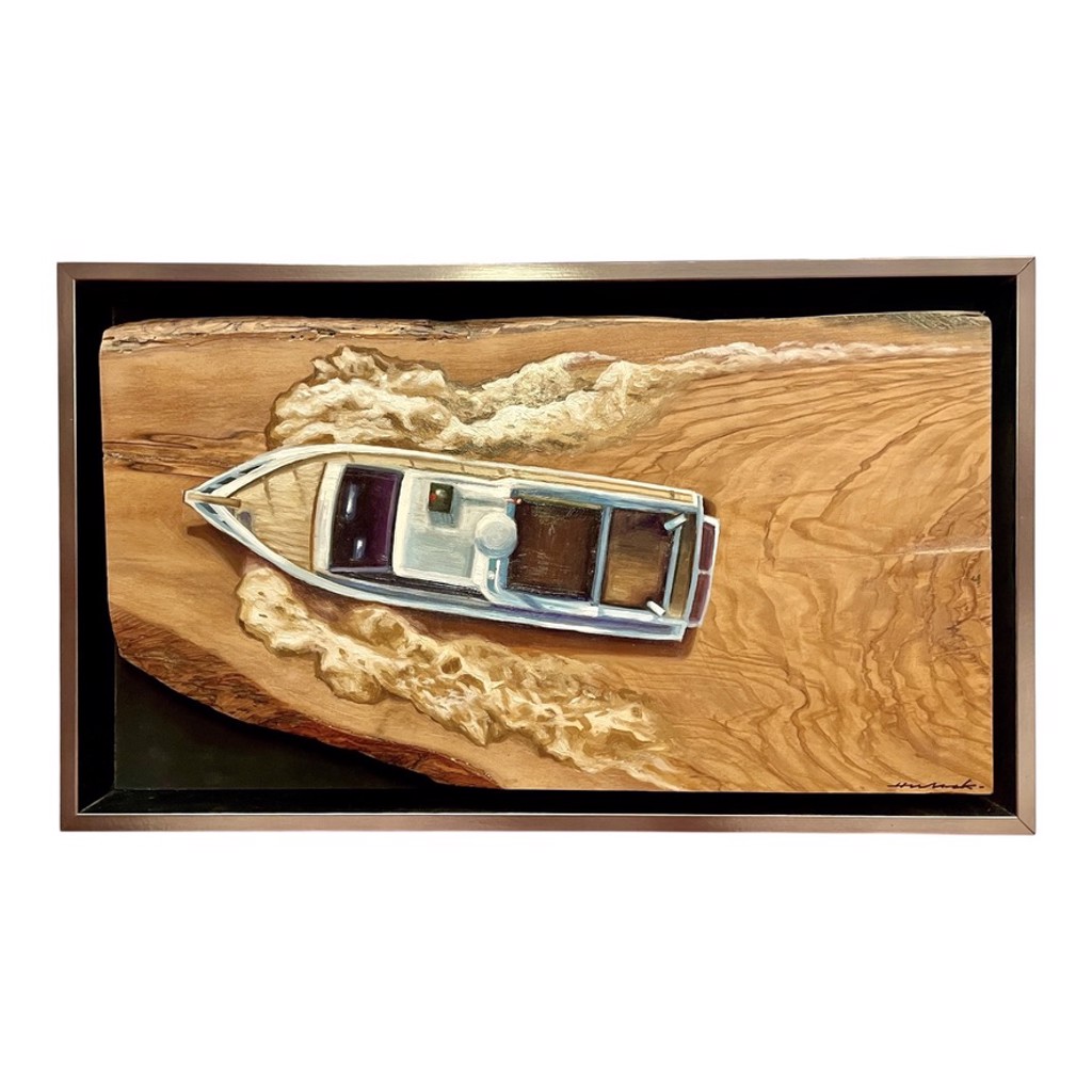 Hijack Against The Grain: overhead motorboat and white wake painted across the natural grain of a wood slab.