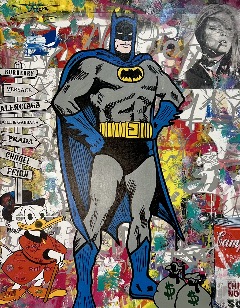 Jozza, Not Superman: full-length Batman in gray and blue with Scrooge McDuck, money bags, and layered lettering around him.