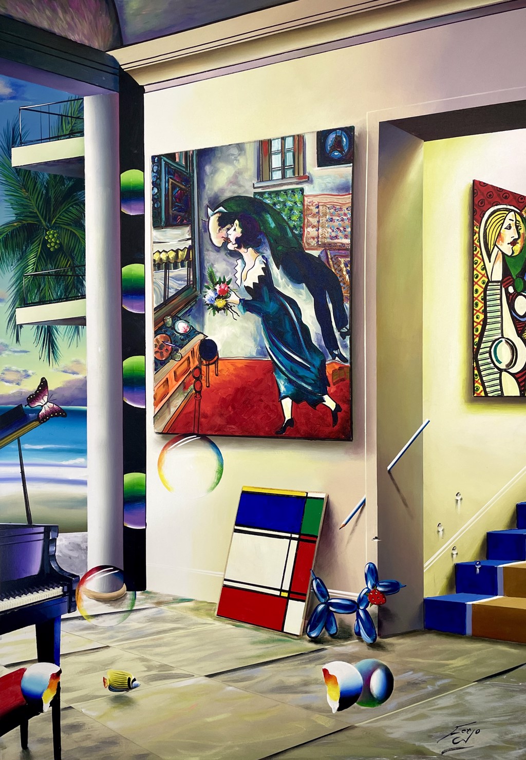 Ferjo The Symphony of Art: surreal gallery with colorful paintings, blue-and-yellow stairs, floating bubbles, and a piano.