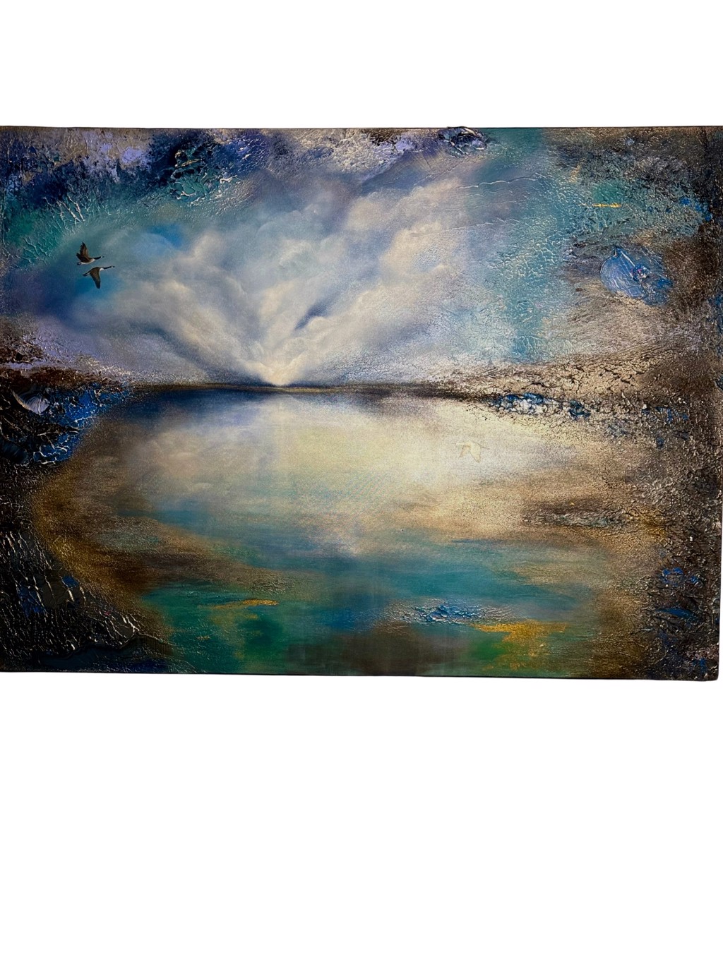 Inga Zurabiani Blue Horizon: blue-and-gold-toned waterscape with luminous clouds, textured edges, and a small bird silhouette.