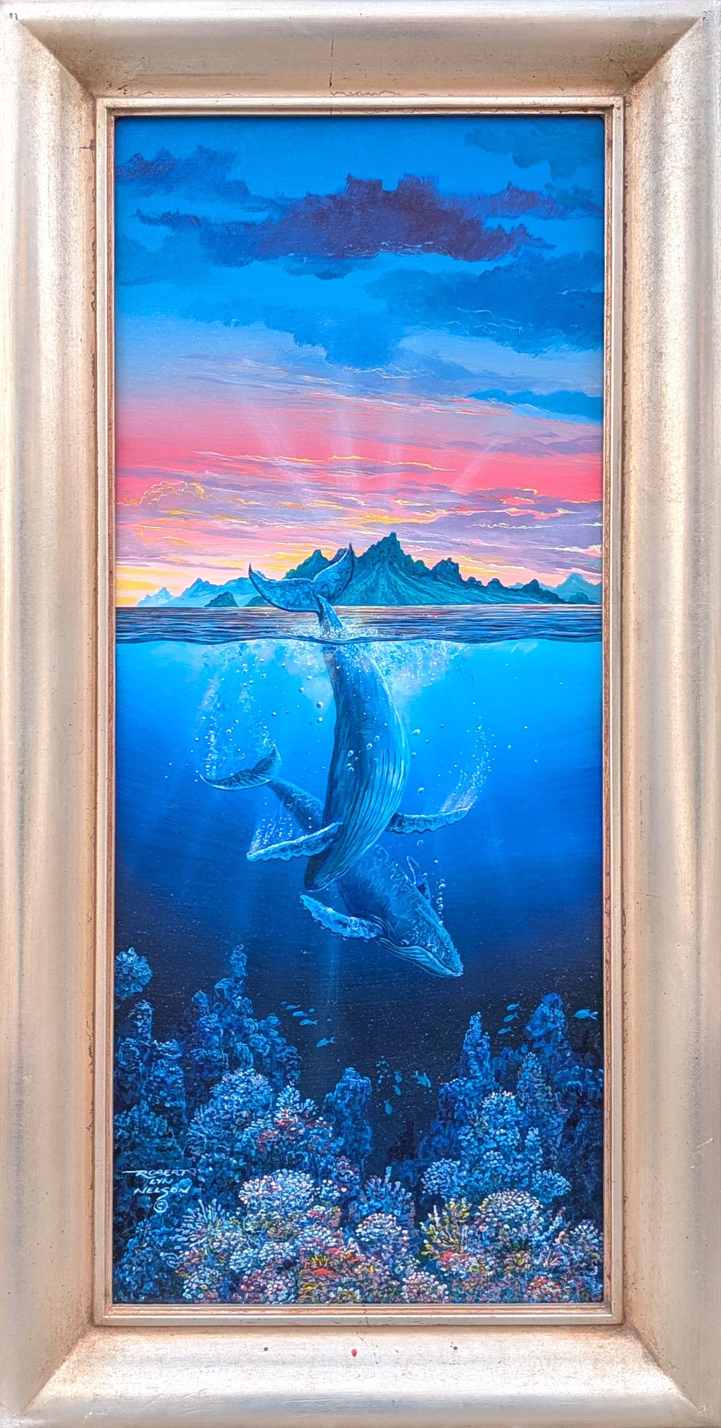 Contemporary Colorful Tropical Ocean Landscape with Whales by