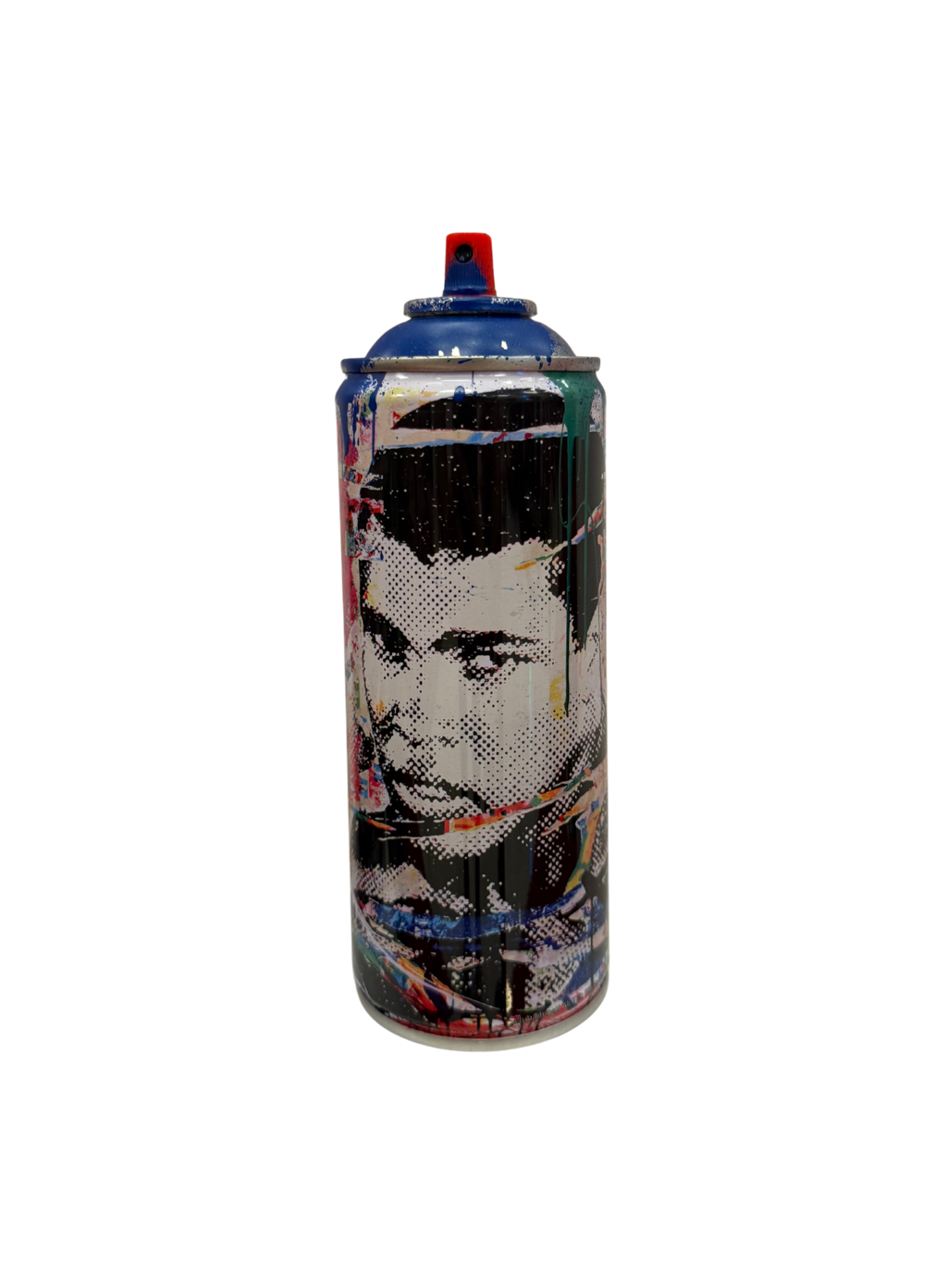 Mr. Brainwash, Champ: spray can with a monochrome male portrait, dark graphic layers, red nozzle, and blue rim.