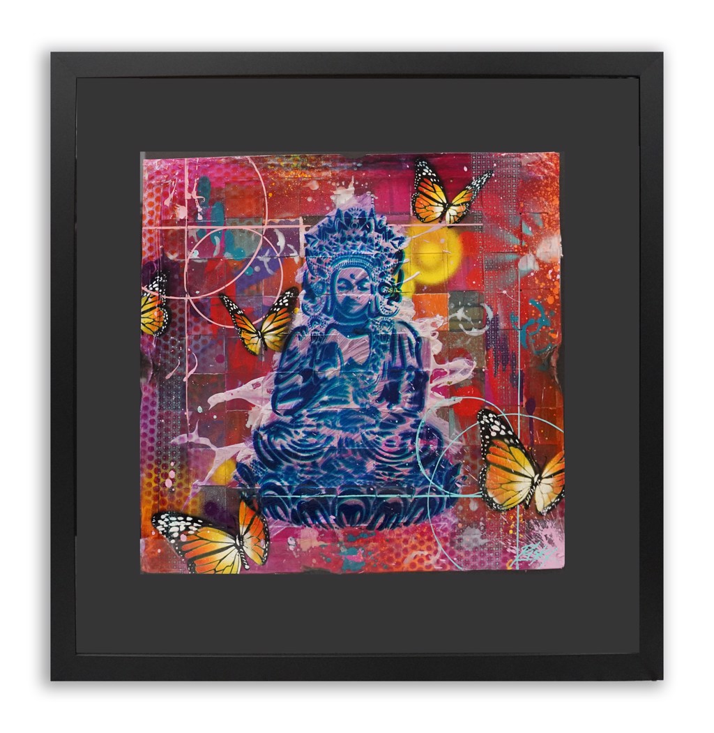 RISK Peaceful Warrior: blue seated Buddha and orange butterflies against layered red and pink fields.
