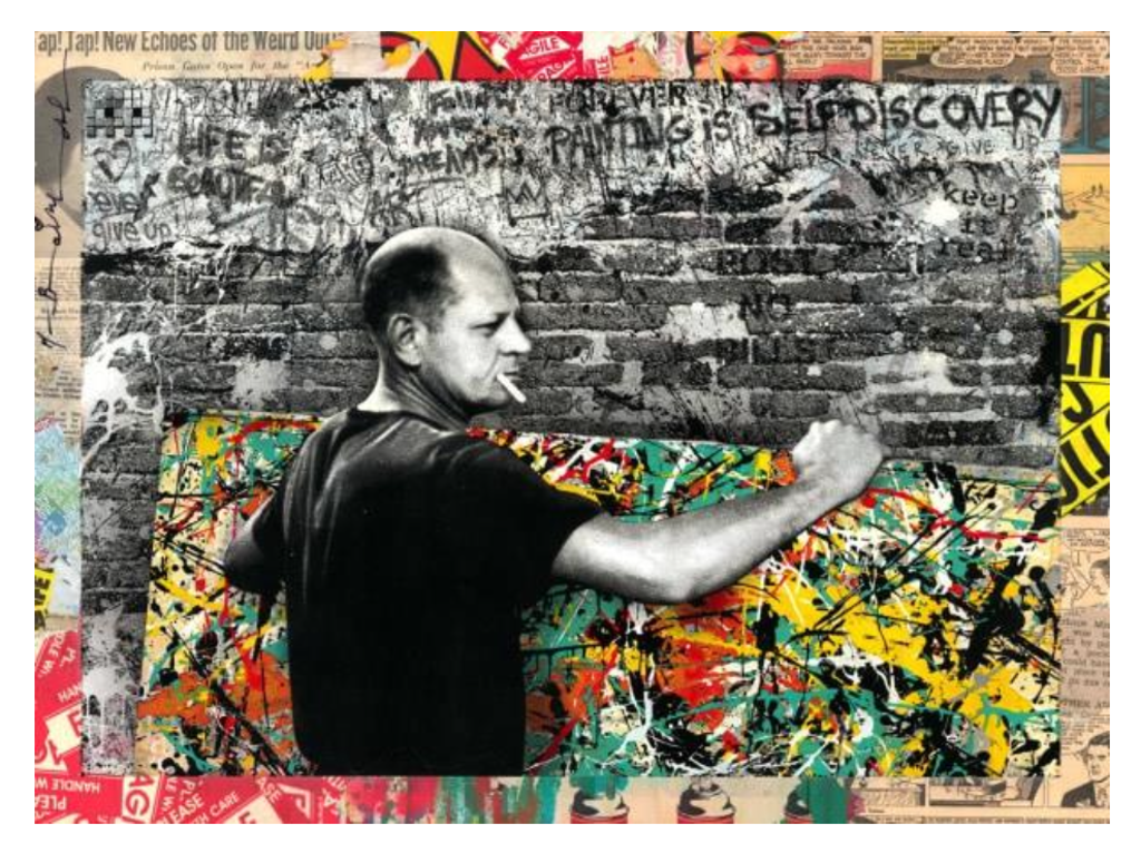 Mr. Brainwash Self - Discovery (1/1): black-and-white painter working across a colorful splattered canvas before a graffiti-covered brick wall.