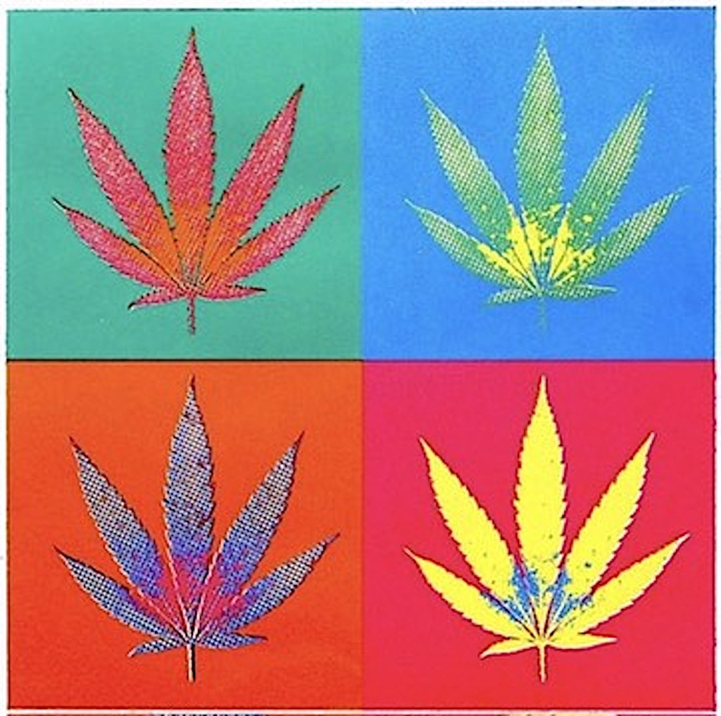 RISK, 420 Risky: four brightly colored cannabis leaves arranged in a two-by-two grid on teal, blue, orange, and red.