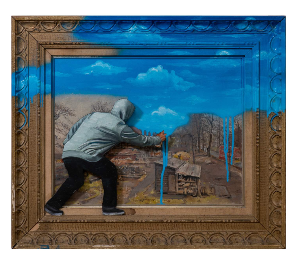 Hijack I Prefer Clouds: hooded figure painting bright blue clouds over a rural landscape and ornate frame, with blue drips running downward.