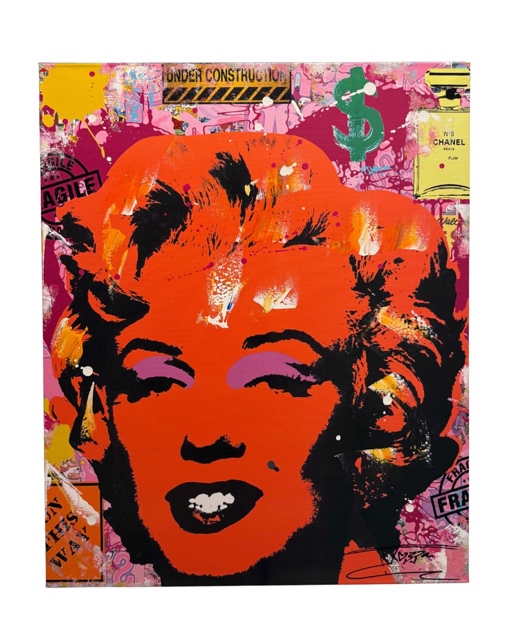 Jozza, Contemplation: orange and black Marilyn Monroe portrait with pink eye accents and a green dollar sign in a layered background.