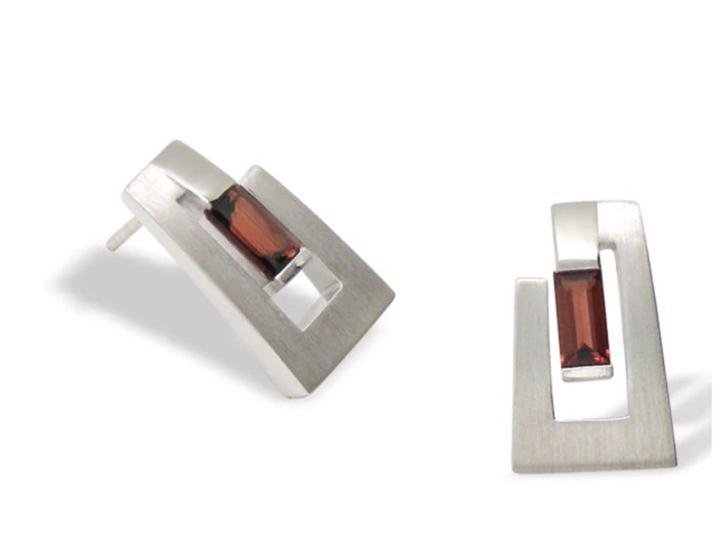 Earrings - Emerald Cut Garnet With Brushed Silver E9360G by Joryel Vera
