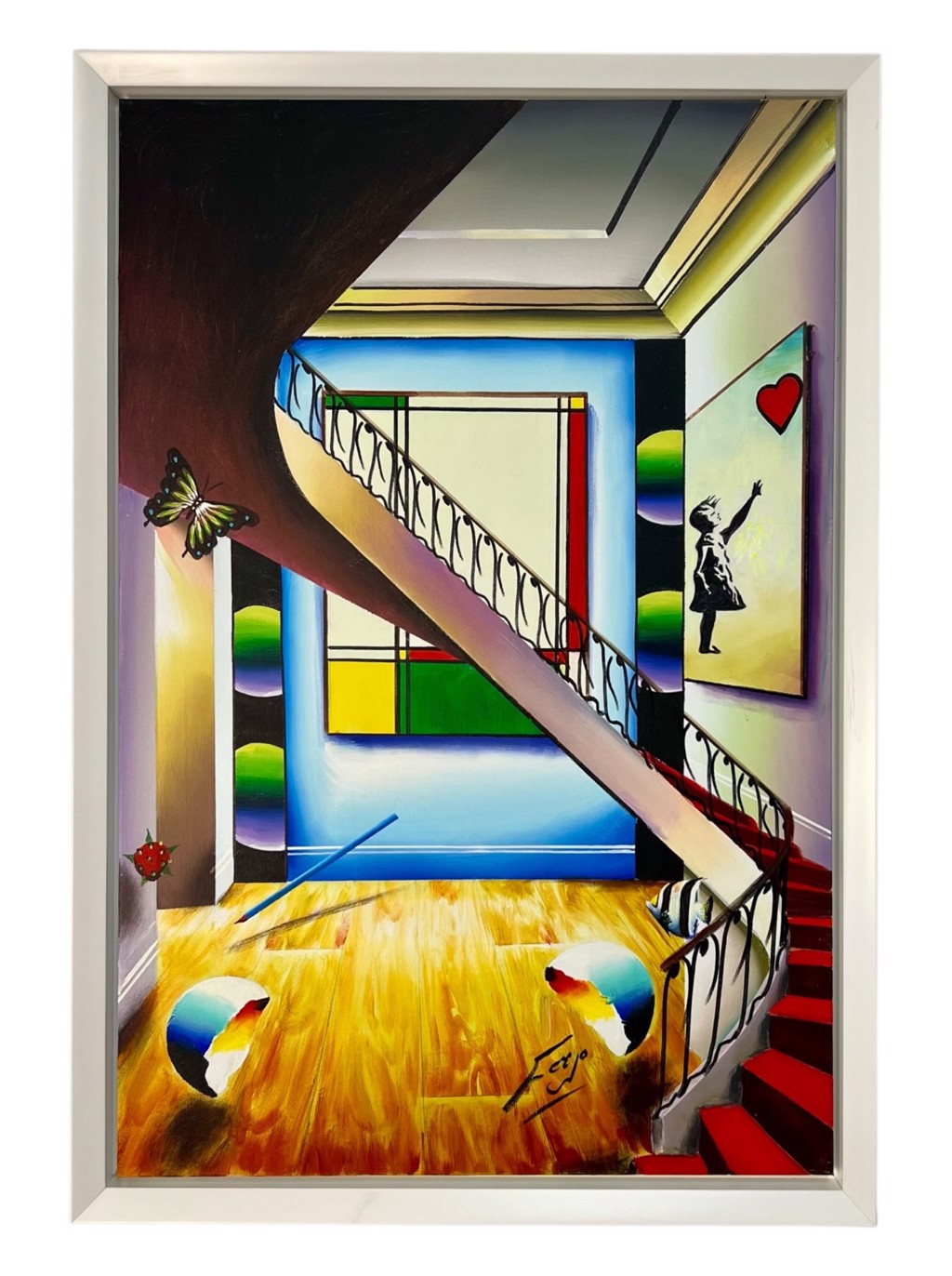 Ferjo Ascending Toward the Dream: sweeping staircase in a surreal gallery with geometric art, a heart-balloon image, butterfly, and striped fish.