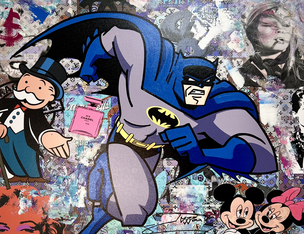 Jozza, Chanel No.5 one of one: Batman lunging forward amid a pink perfume bottle, Monopoly figure, and Mickey and Minnie Mouse.