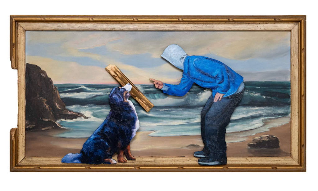 Hijack Frame Game: hooded figure and seated dog on a beach; the dog holds a gold-colored frame fragment beside a gap in the frame.