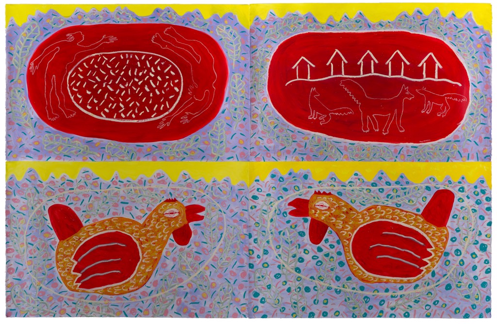 Chickens and Landscape in Red by Floyd Newsum