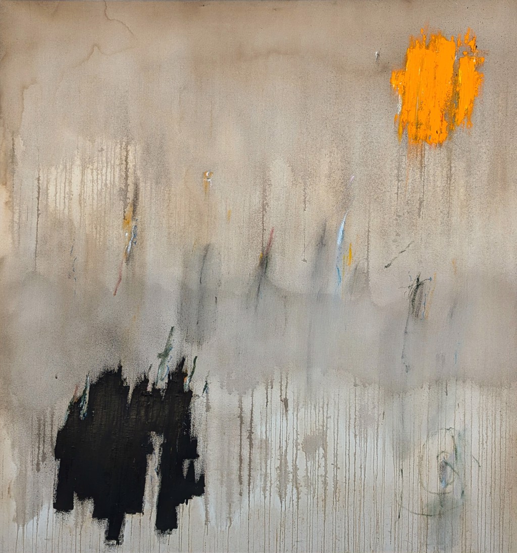 “Forest Fire” Contemporary Yellow & Neutral Toned Expressive Abstract Painting by Tra' Slaughter