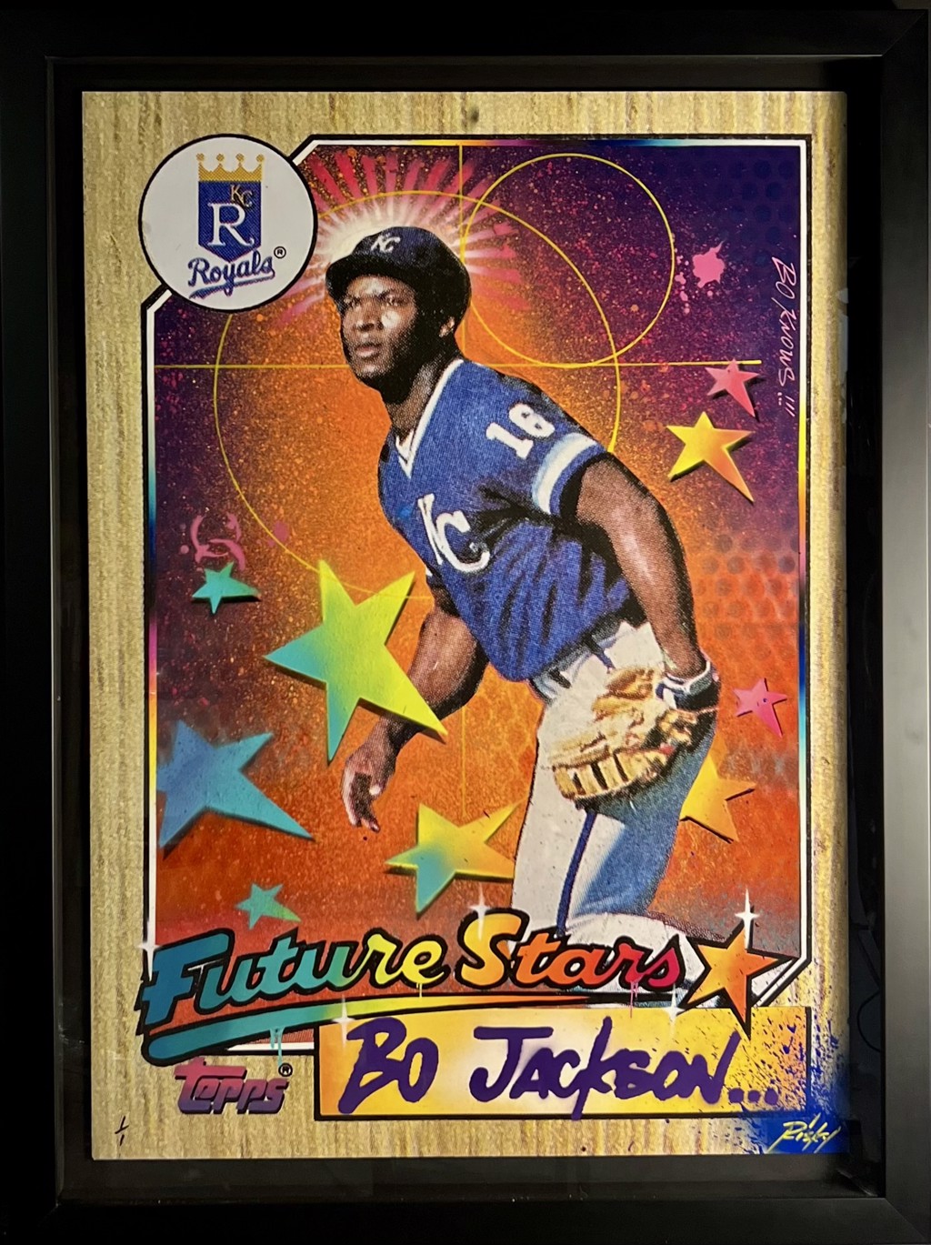 RISK Risk Topps Project 70 "Bo Jackson": Bo Jackson in a blue Royals uniform holding a glove, surrounded by colorful stars and Future Stars lettering.