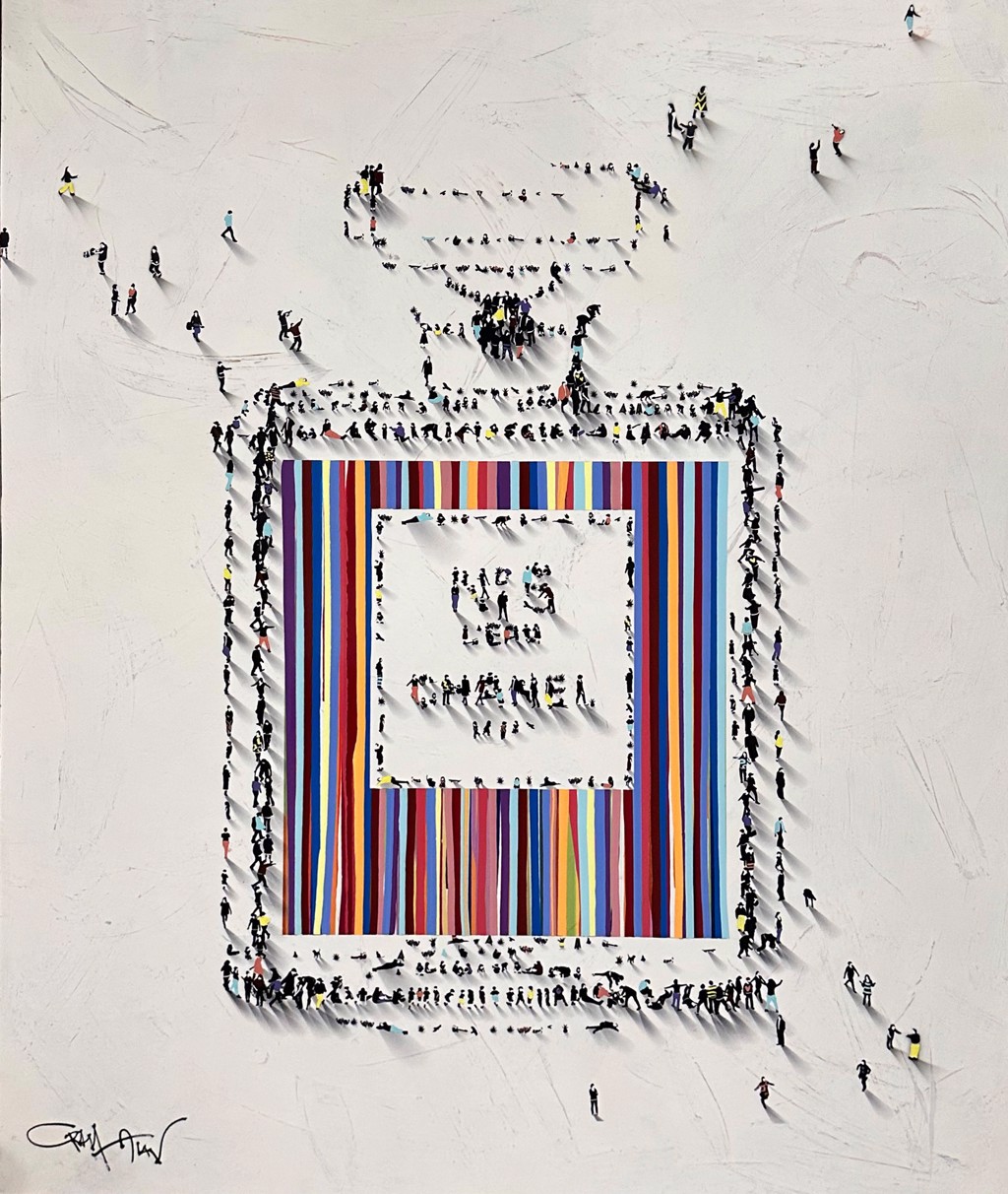 Craig Alan Scent of Chanel: miniature figures outlining a Chanel perfume bottle filled with narrow multicolored stripes.