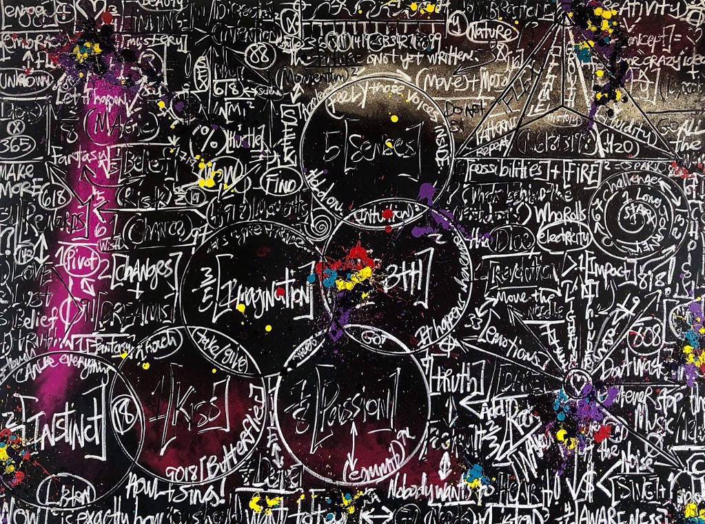 Brendan Murphy Fresh Take: dense white words, equations, and overlapping circles cover a dark canvas with bright splashes of color.
