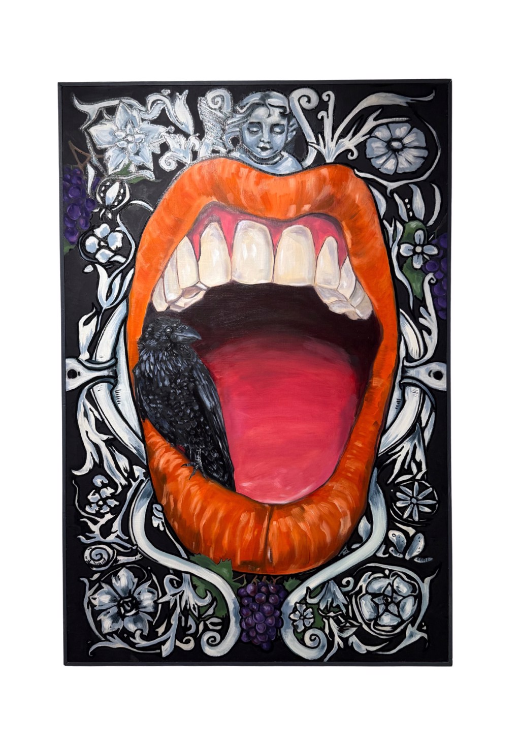 Josephine Giordano God’s Provision: orange lips around an open mouth and black bird, bordered by pale floral scrollwork.