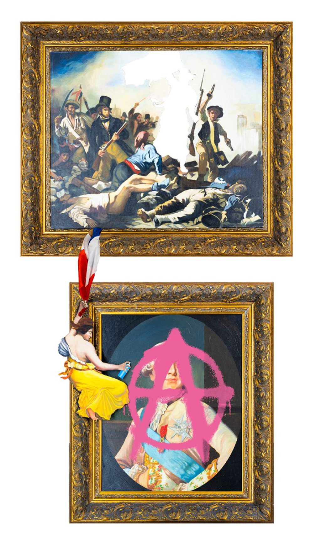 Hijack Viva La Resistance: two gold-framed scenes linked by a flag-bearing woman, with a pink anarchy symbol over the lower portrait.