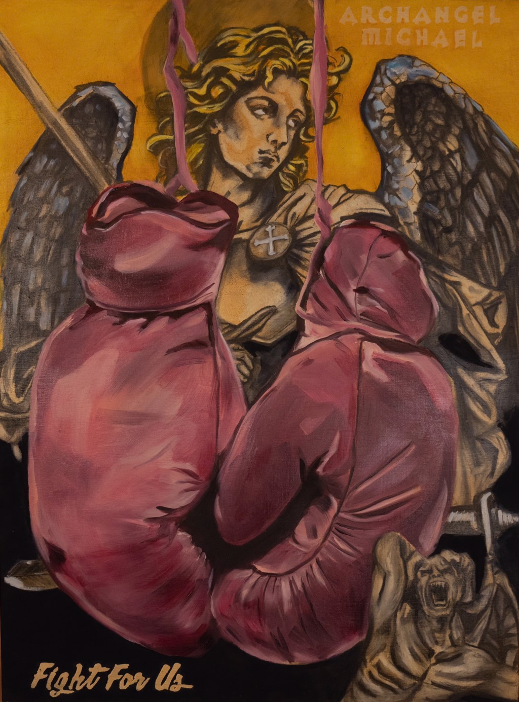Josephine Giordano Arch Angel Michael Fight For US: pink boxing gloves hanging before a winged Archangel Michael with a sword.