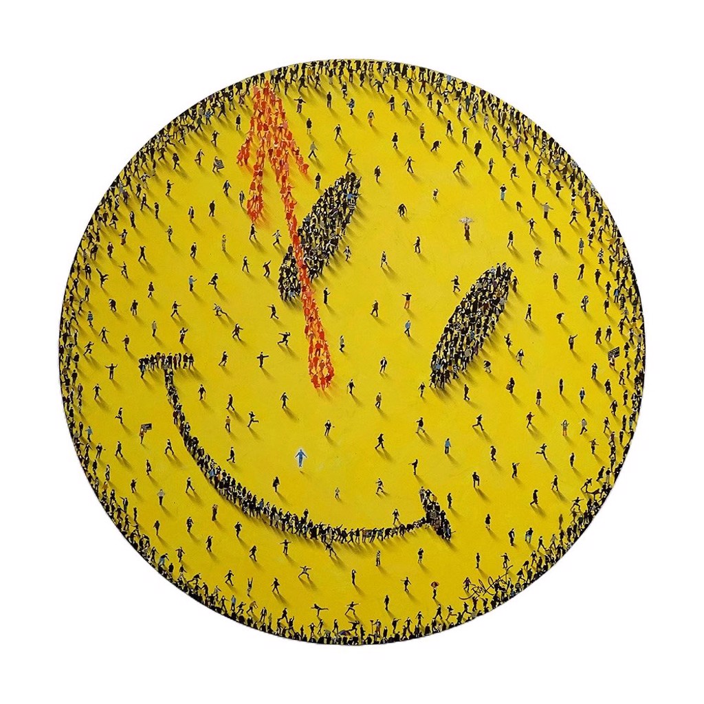 Craig Alan Who Watches the Watchmen: yellow smiley face formed by miniature people with a red trail crossing one eye.