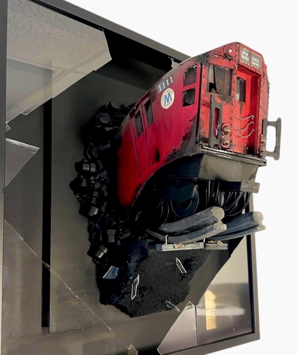 Orus Subway Series NYC (Red) 024: weathered red subway car projecting from a dark panel above curved metal-toned rails.