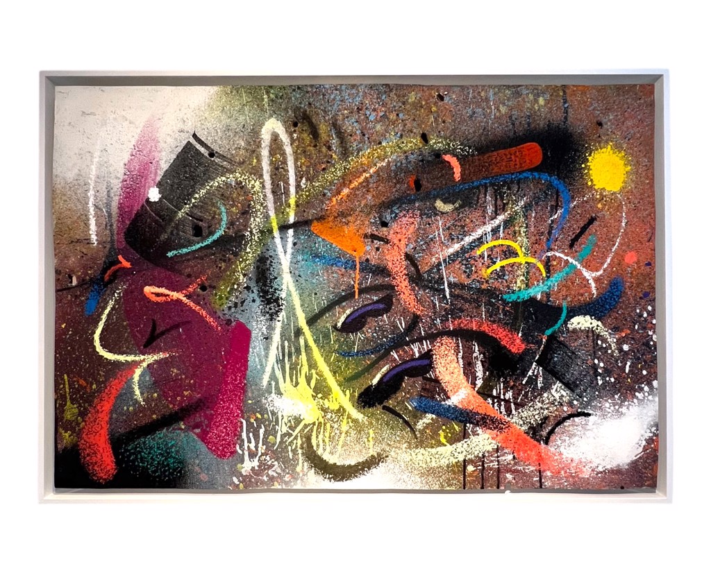 RIME Baked on Arizona Sand: abstract black forms and colorful looping graffiti marks across a mottled metal panel.