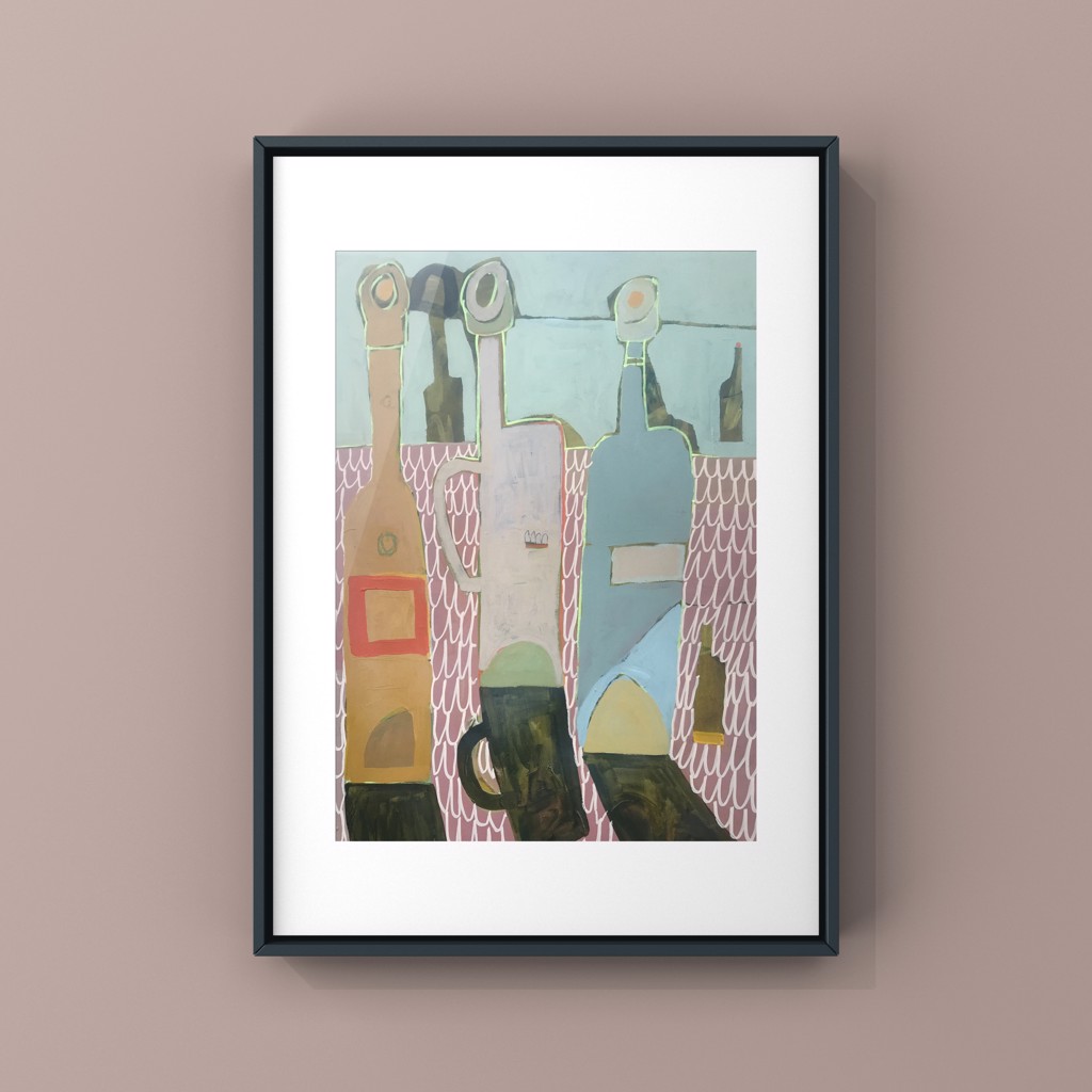 Bottles on Mauve Linen by Rachael Van Dyke